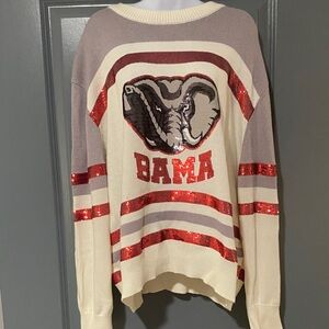 QUEEN OF SPARKLES Ivory, Red & Gray Sequin Elephant 'BAMA' Crew Sweater